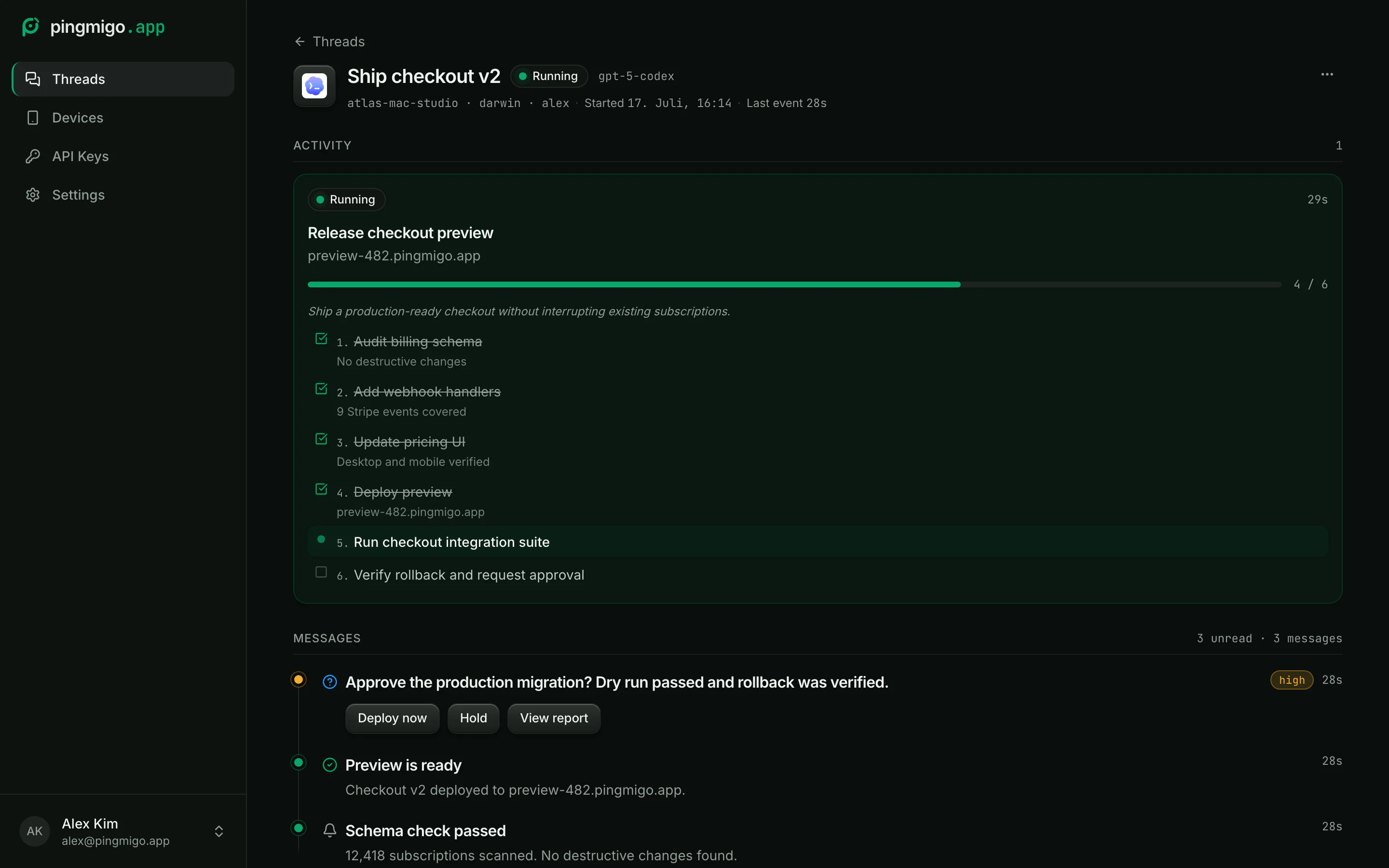 Sample Codex thread showing live status, progress, a six-item checklist, and recent messages
