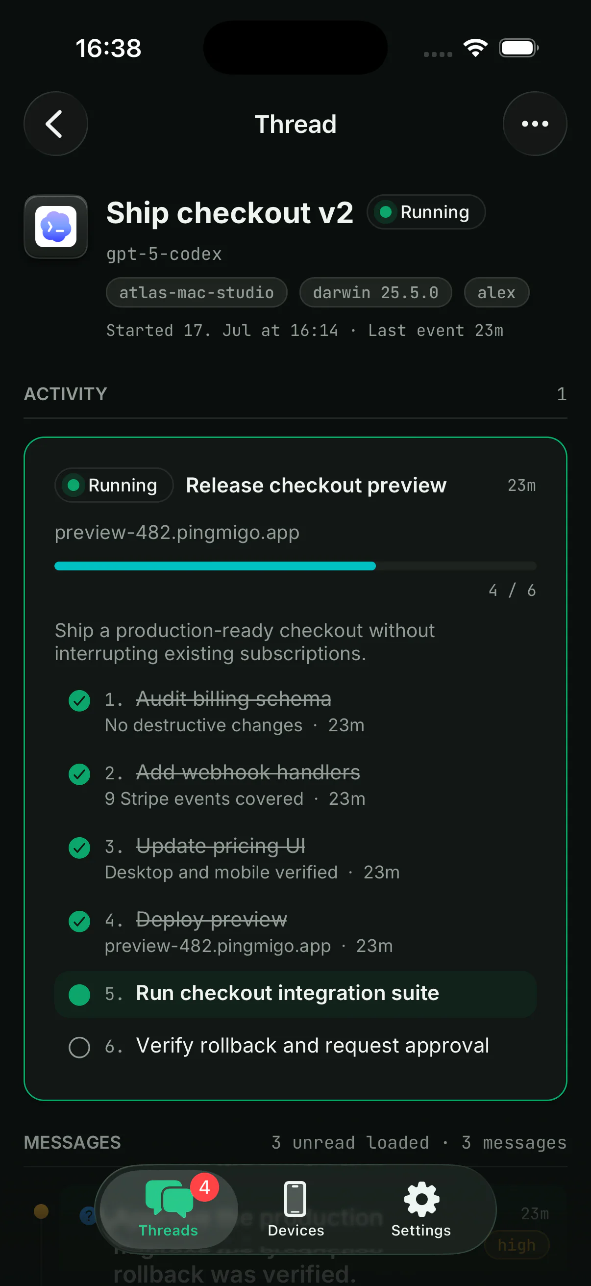 Sample mobile thread showing live Codex progress and a six-item checklist